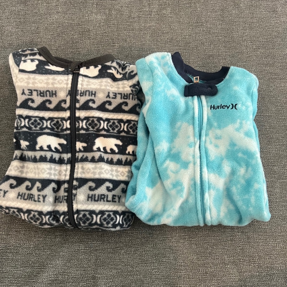 Bundle of 2 Hurley baby boy fleece footed pajama sleeper 6 month
